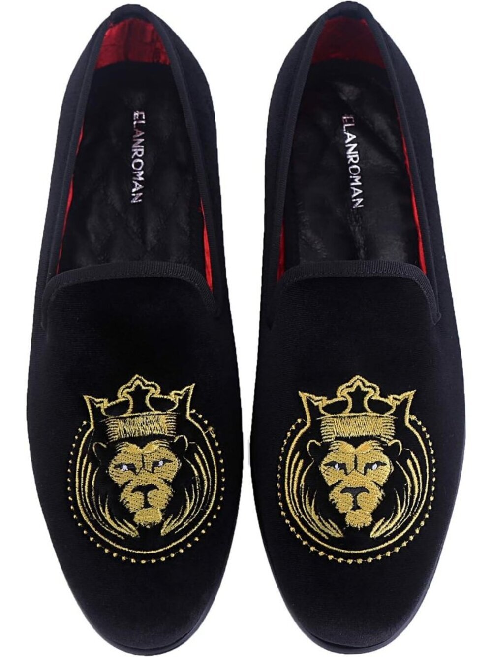 ELANROMAN Men's Vintage Black Velvet Loafers Embroidered Lion Crown Party Shoes